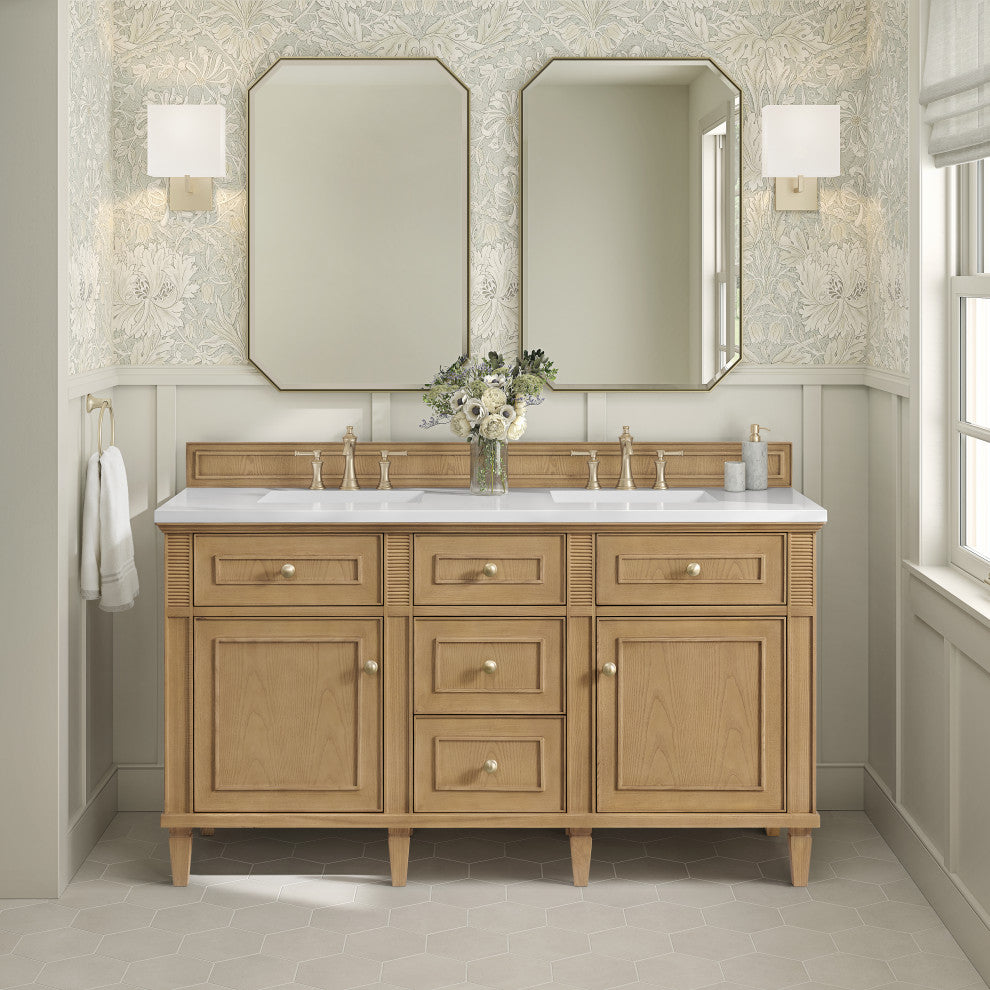 Lorelai 60" Double Vanity, Light Natural Oak, 3 CM White Zeus Top