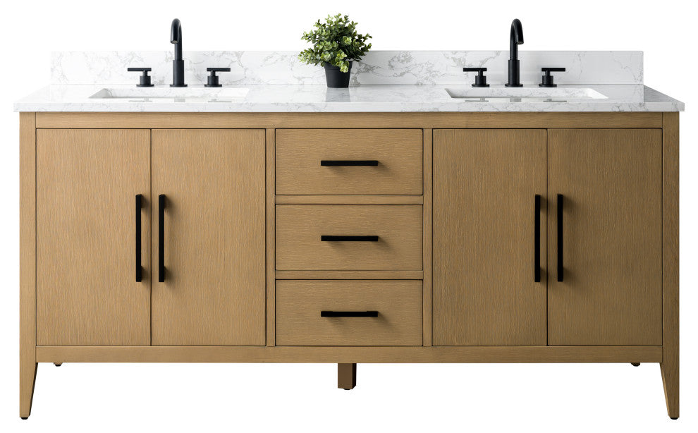 Vanity Art Bathroom Vanity With Sink, Natural Oak, 72", Double Sink, Matte Black