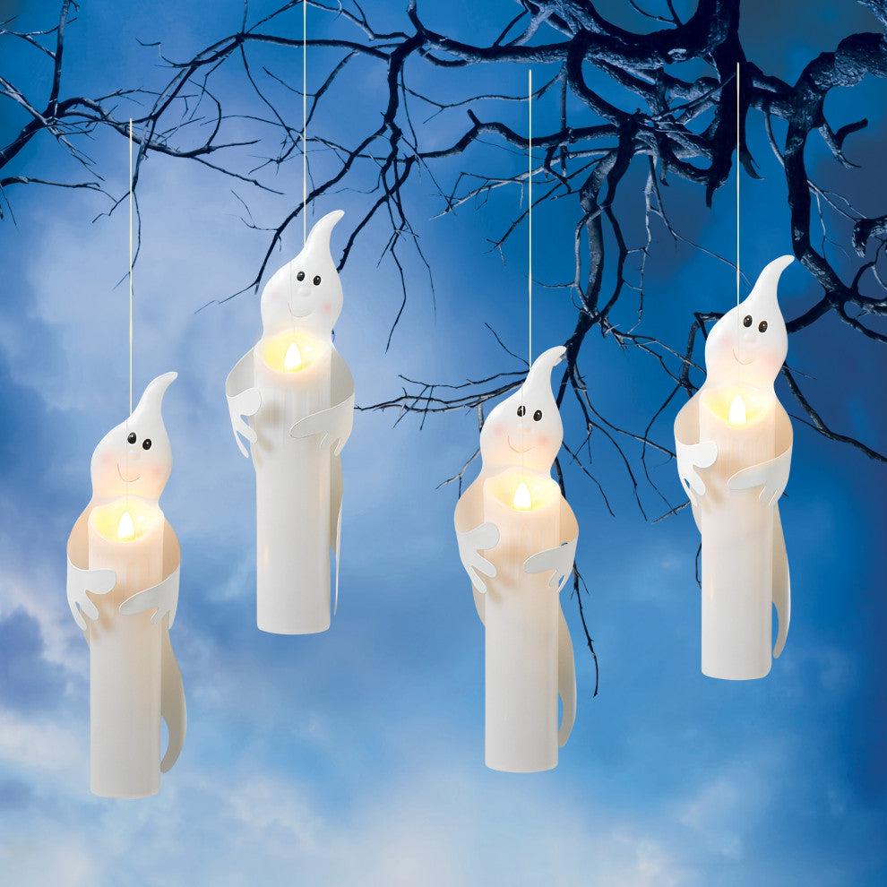 Set of 4, Battery Operated Candles, White Metal Ghosts