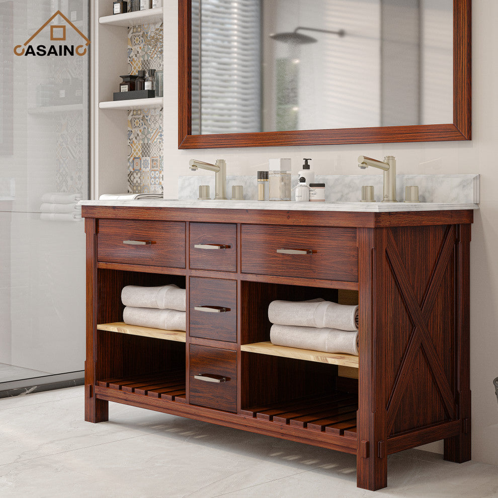 Freestanding Bath Vanity in Brown with White Carrara Marble Top, 60in