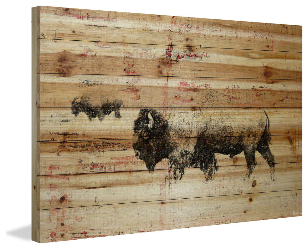 "Buffalo Walking" Painting Print on Natural Pine Wood, 45"x30"