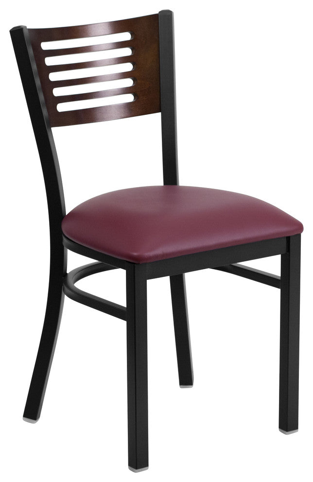 Black Slat Back Metal Chair, Walnut Wood Back, Burgundy Vinyl Seat
