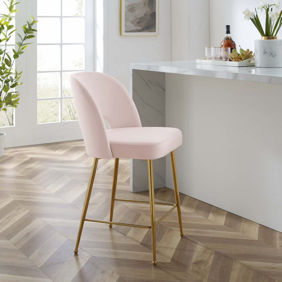 Counter Stool Chair, Velvet, Metal, Pink, Modern, Bar Pub Cafe Bistro Restaurant