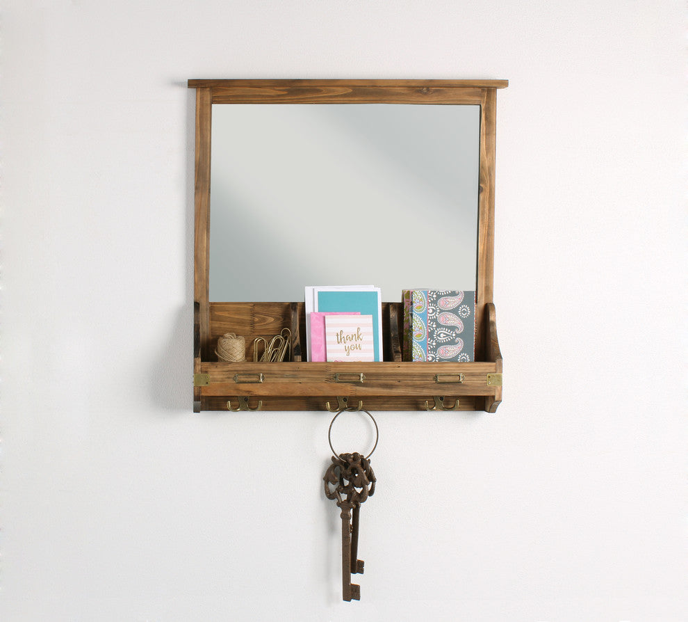 Stallard Decorative Rustic Wood Framed Mirror With Hooks, Rustic Brown