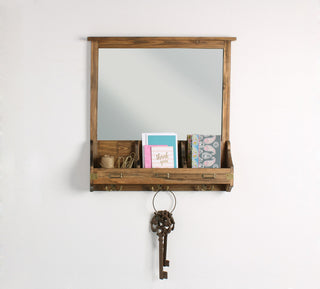 Stallard Decorative Rustic Wood Framed Mirror With Hooks, Rustic Brown