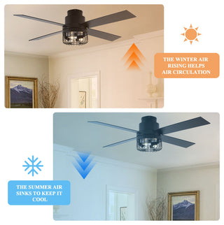 52 " Modern Flush Mount Ceiling Fan 6-speed with Light Kit and Remote Control, Black, 52"
