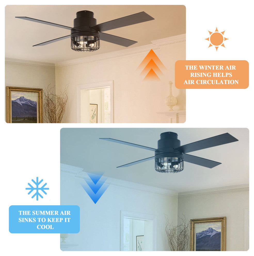52 " Modern Flush Mount Ceiling Fan 6-speed with Light Kit and Remote Control, Black, 52"