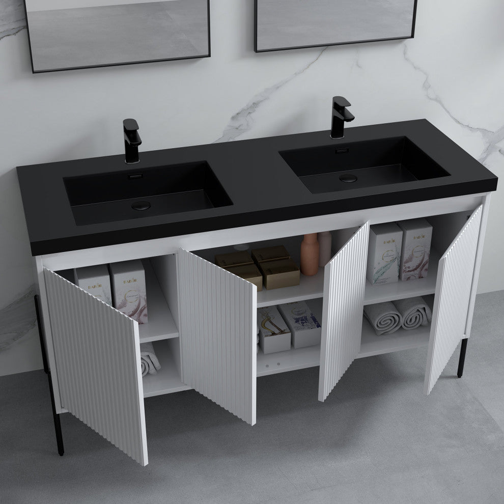 Flutie 60" Bathroom Vanity Set, White, Double Black Sink