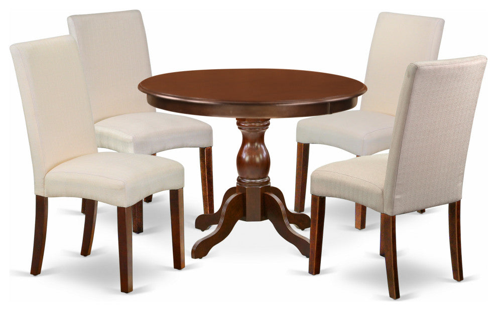 5 Pc Dinette Set, Mahogany Dining Table, 4 Cream Comfortable Chairs, High Back