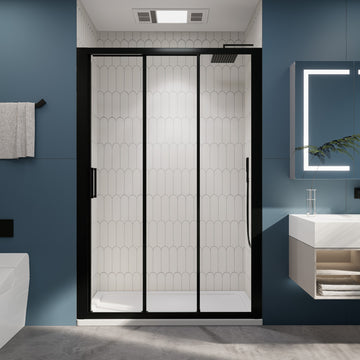 3-Panel Sliding Semi-Frameless Shower Door in Matte Black Finish, 54"x70"