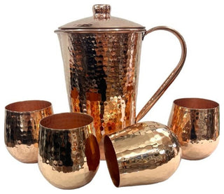 Set of 1 Shiny Copper Pitcher and 4 Tumblers