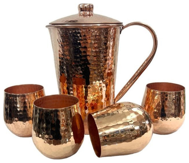 Set of 1 Shiny Copper Pitcher and 4 Tumblers