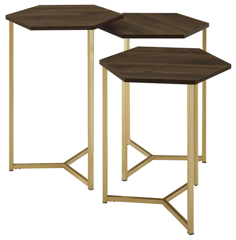 Hexagon Modern Wood Nesting Tables, Set of 3 - Dark Walnut/Gold