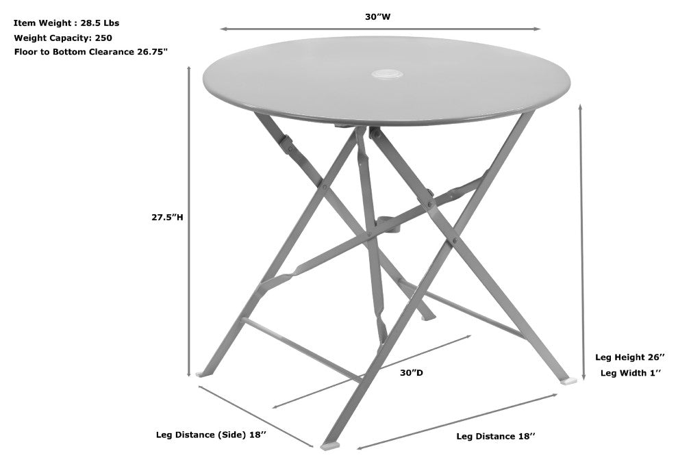 30" Round Folding Metal Bistro Table With Umbrella Hole, White