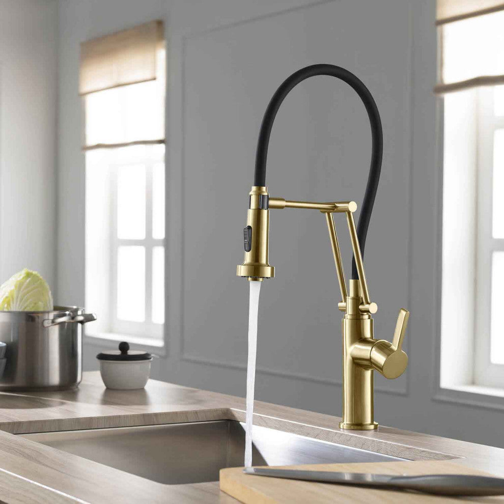 Engel Single Handle Pull Down Kitchen Faucet, Brushed Gold