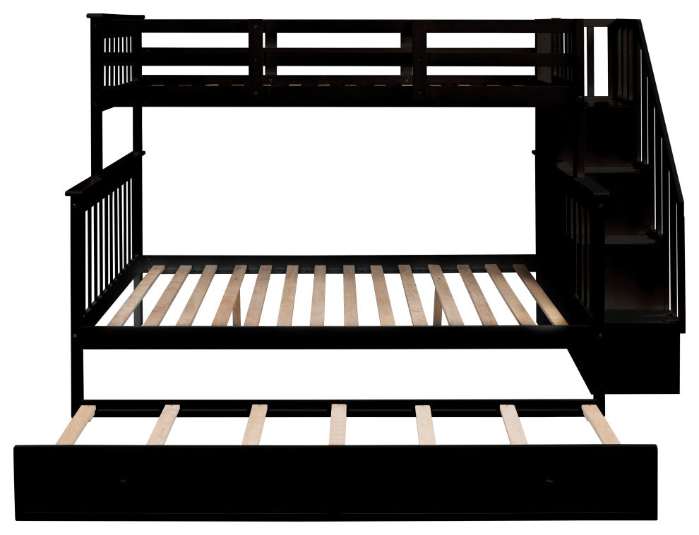 Gewnee Wood Twin-Over-Full Bunk Bed with Trundle and Stairway, Espresso