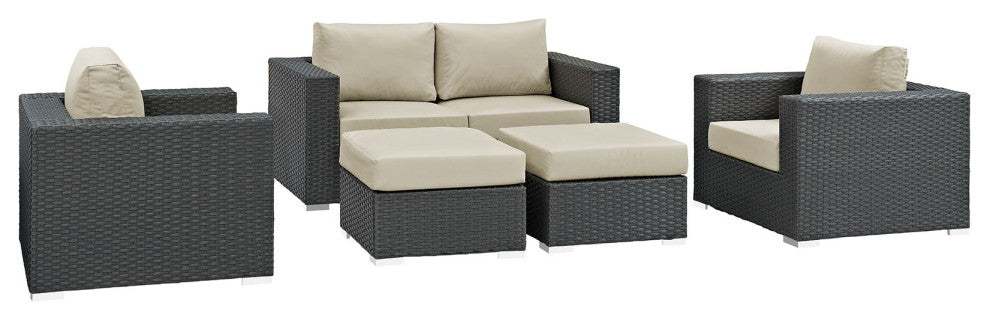 Canvas Antique Beige Sojourn 5 Piece Outdoor Patio Sunbrella Sectional Set
