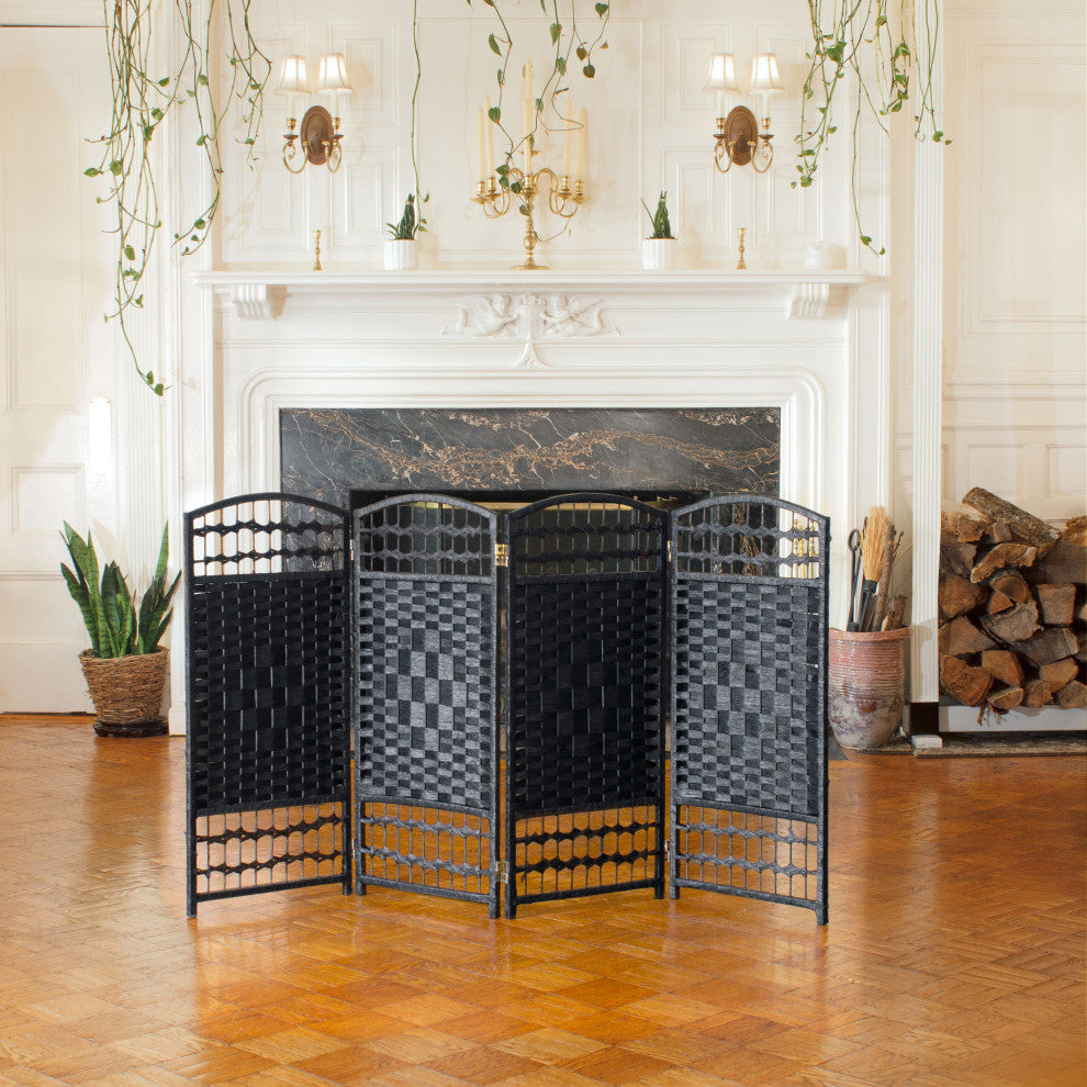 3 ft. Short Fiber Weave Room Divider Black 4 Panels