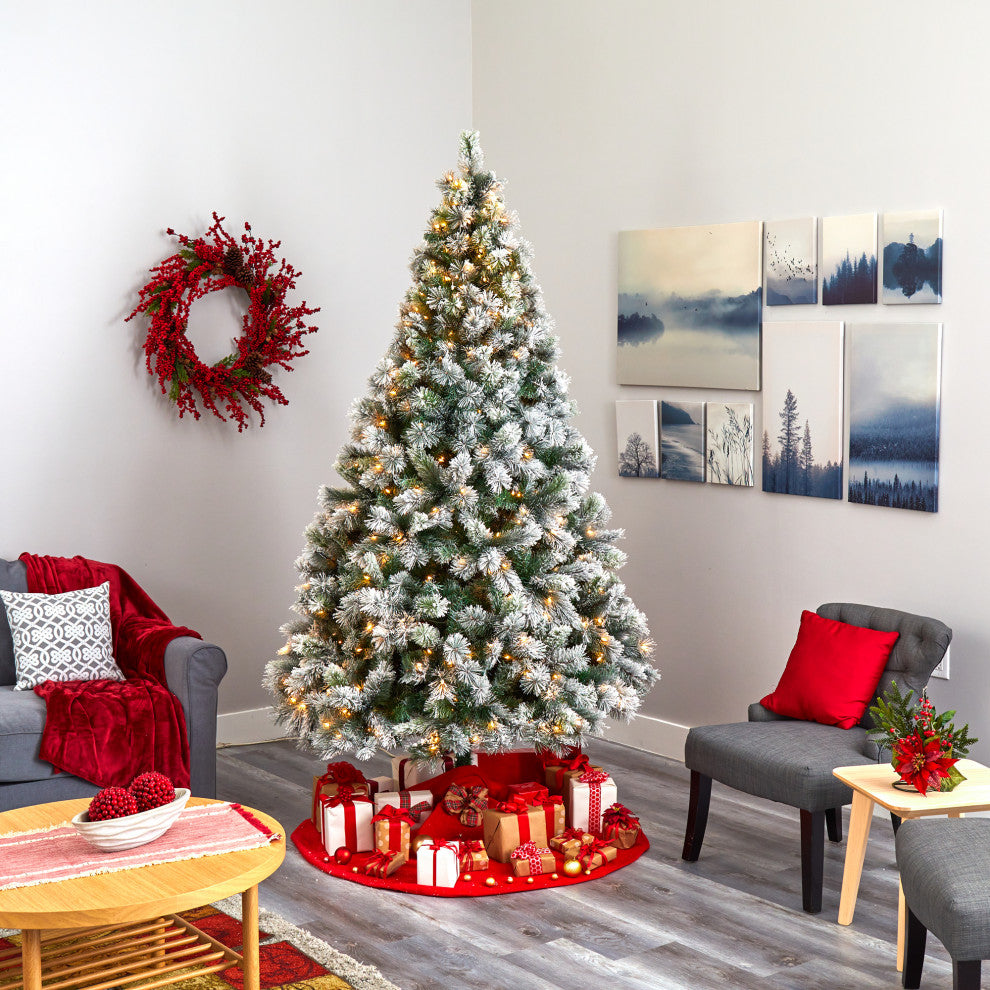 8' Flocked Oregon Pine Faux Xmas Tree W/500 Clear Lights & Bendable Branches