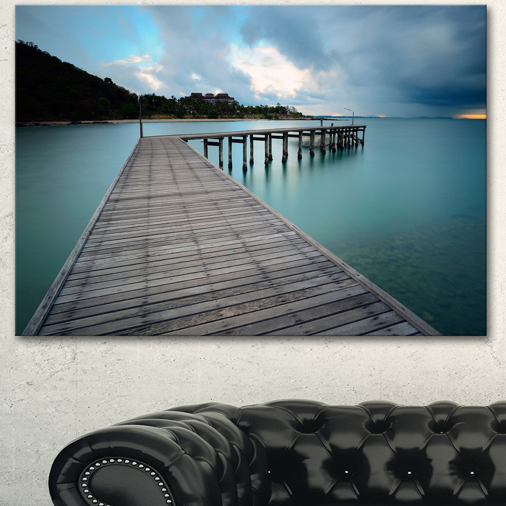 Wooden Bridge to Calm Ocean, Modern Canvas Art Print, 60"x28"