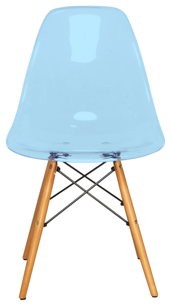 Dover Molded Dinin Side Chair, Wood Dowel Eiffel Base, Transparent Blue