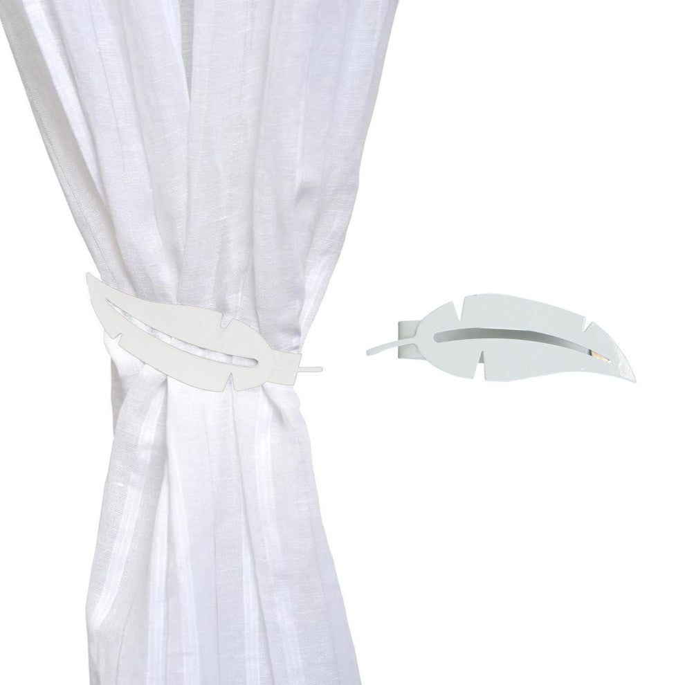 Metal Feather Curtain Tiebacks with Magnetic Closure "“ No Installation Needed, White, Pack of 1