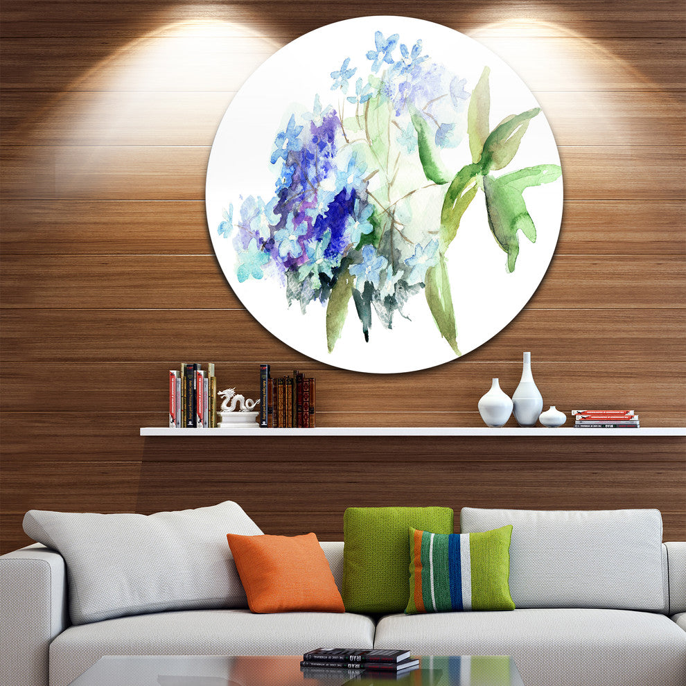 Hydrangea Blue Flowers, Floral Round Metal Wall Art, 23"