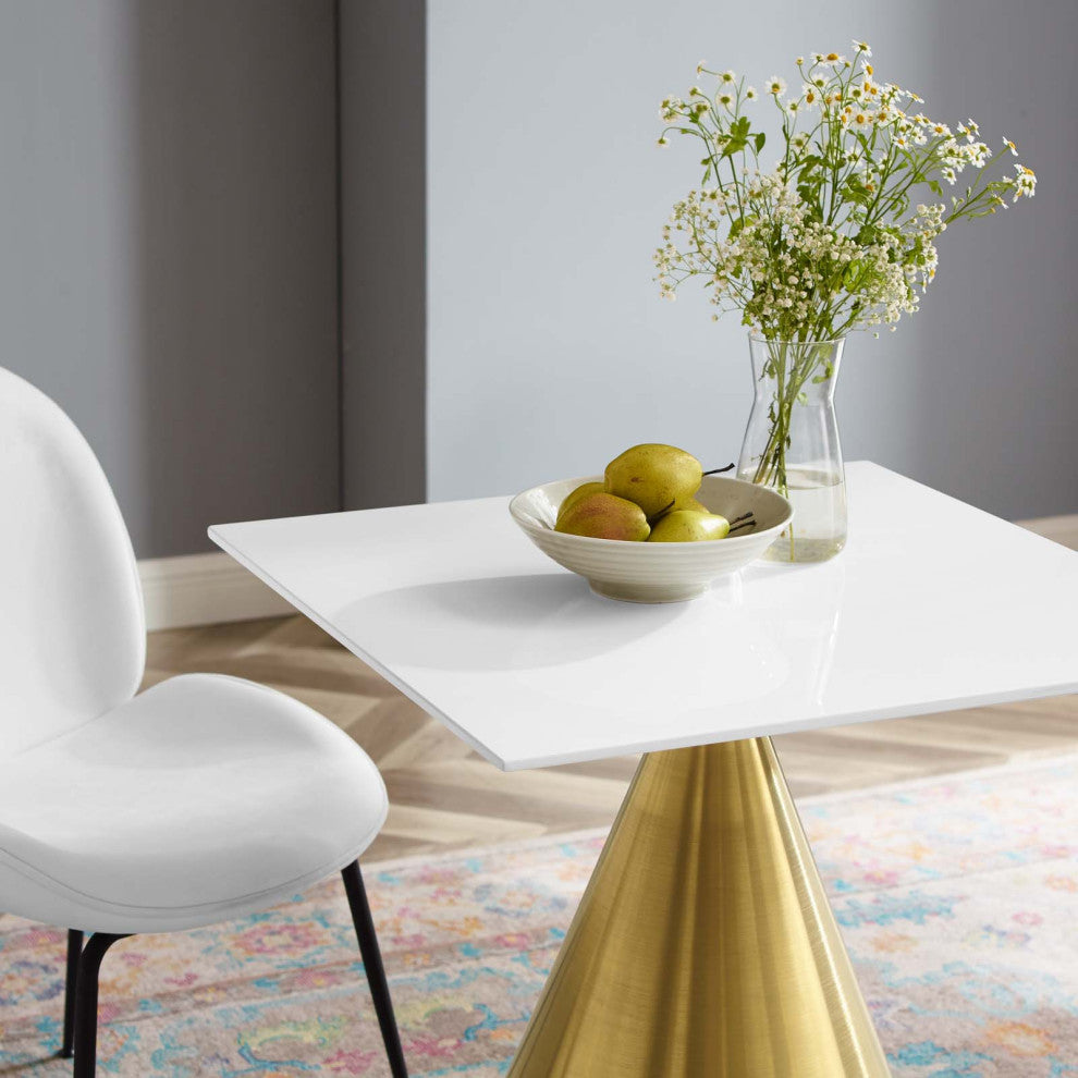 Dining Table, Square, Wood, Metal, Gold White, Modern, Cafe Bistro Restaurant