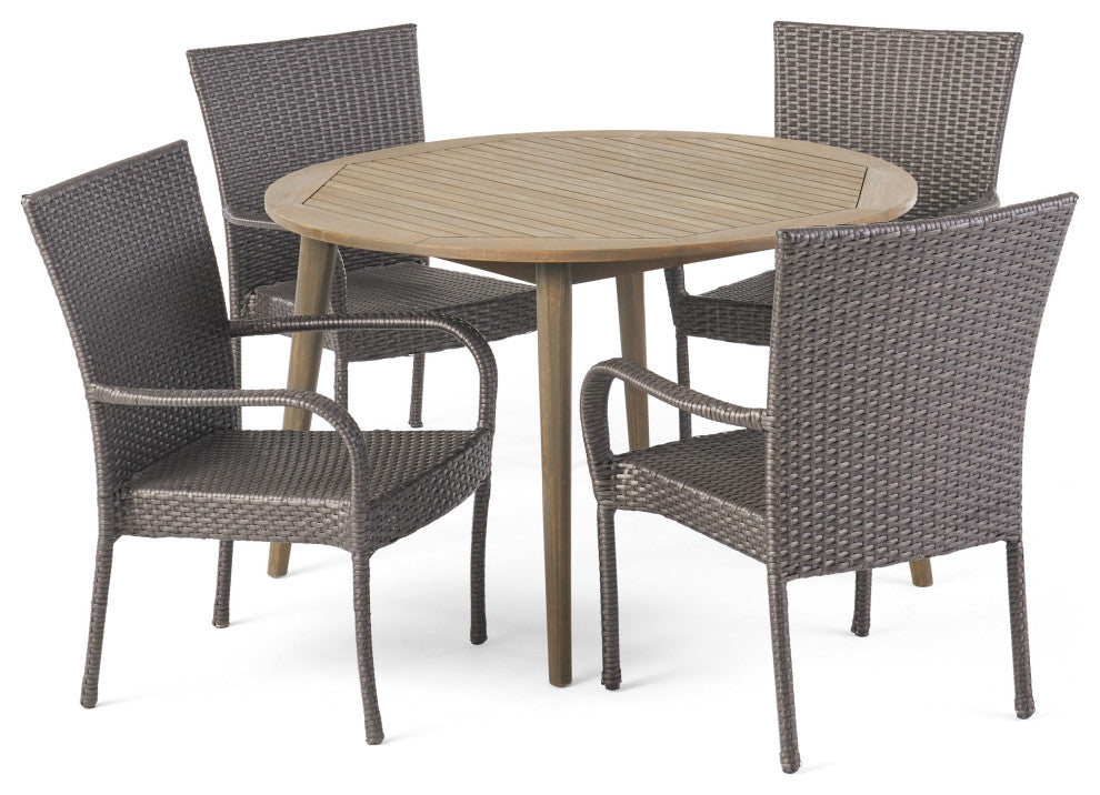 GDF Studio 5-Piece Ivey Outdoor Wood and Wicker Dining Set, Gray Finish/Gray