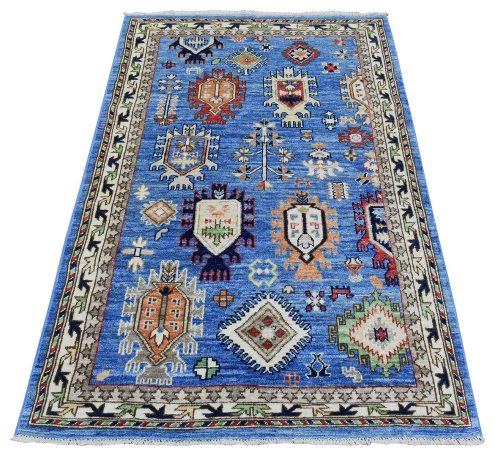 Light Blue, Hand Knotted Afghan Ersari, Pure Wool Oriental Rug, 3'7"x5'4"