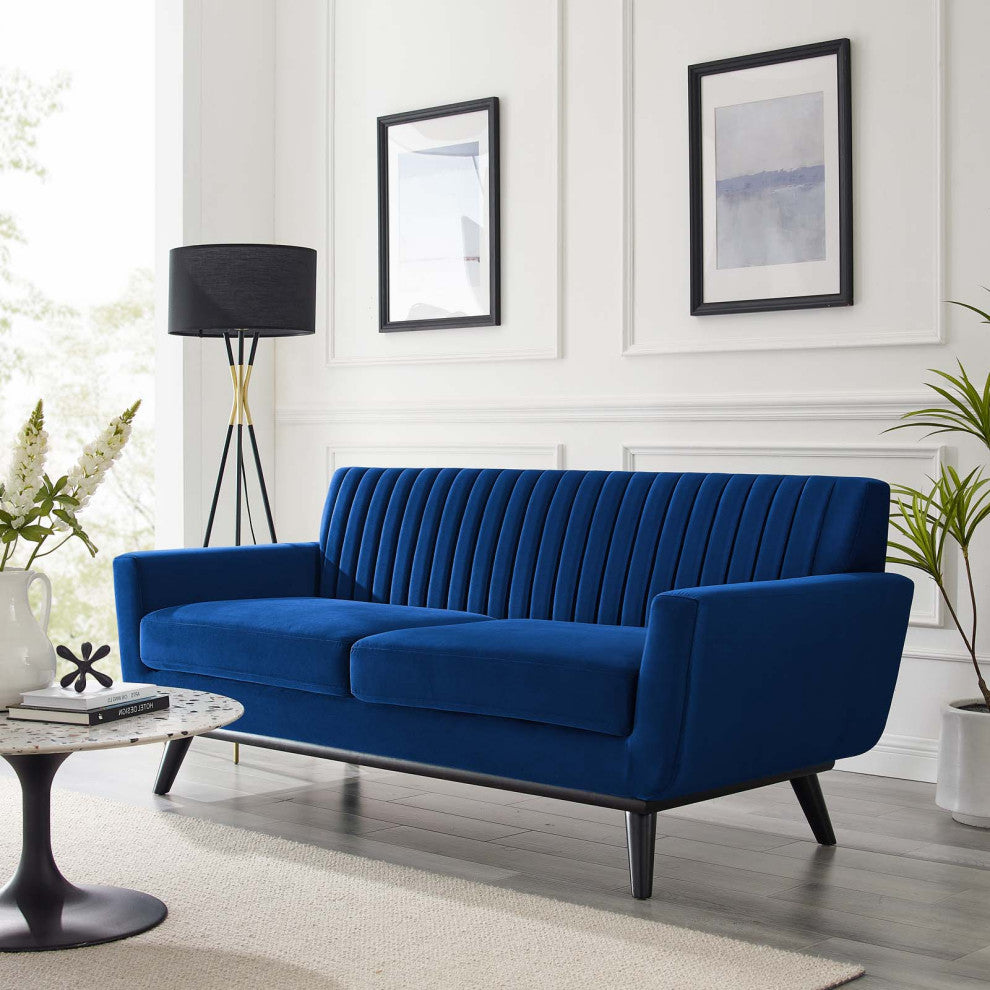 Tufted Loveseat Sofa, Velvet, Blue Navy, Modern, Living Lounge Hotel Hospitality