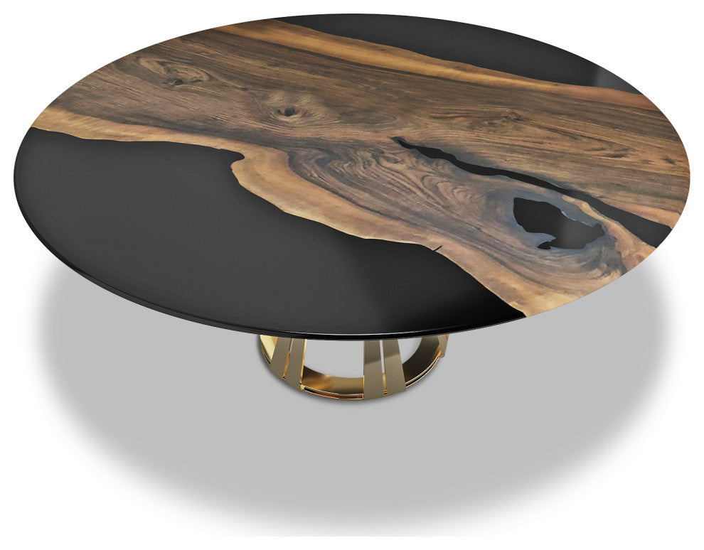 Atalante Walnut Round Table, Black Top & Gold Base, 12 Seater