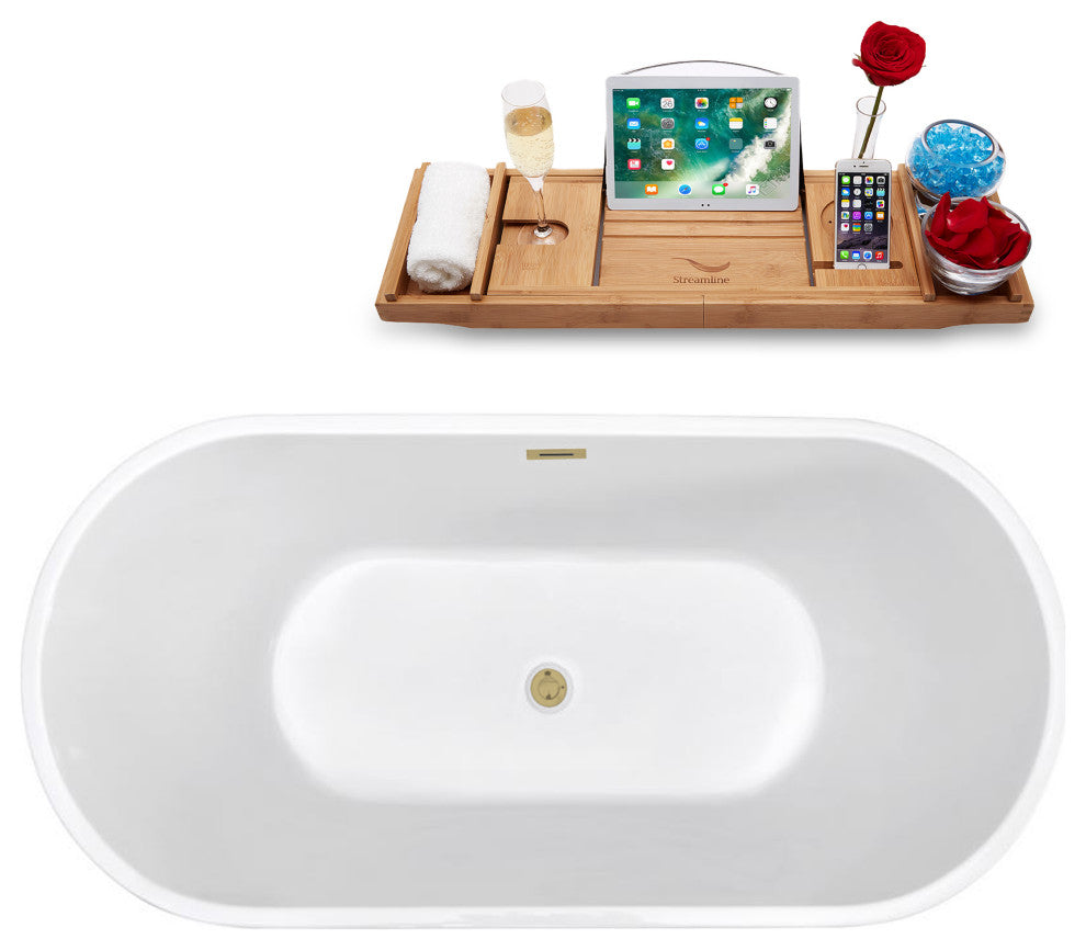 65" Streamline Bathtub and Tray With Drain, Brushed Brass
