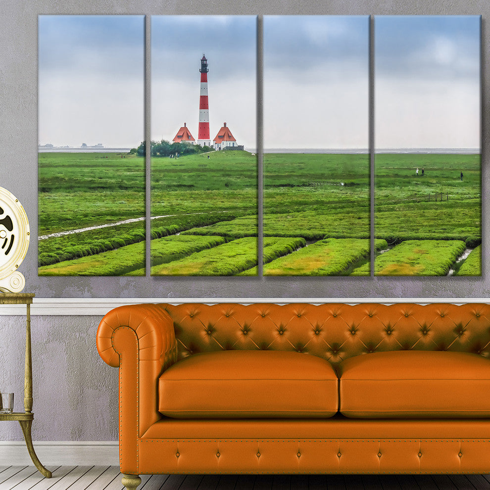 Westerheversand Lighthouse Panorama, Landscape Canvas Print, 48"x28", 4 Panels