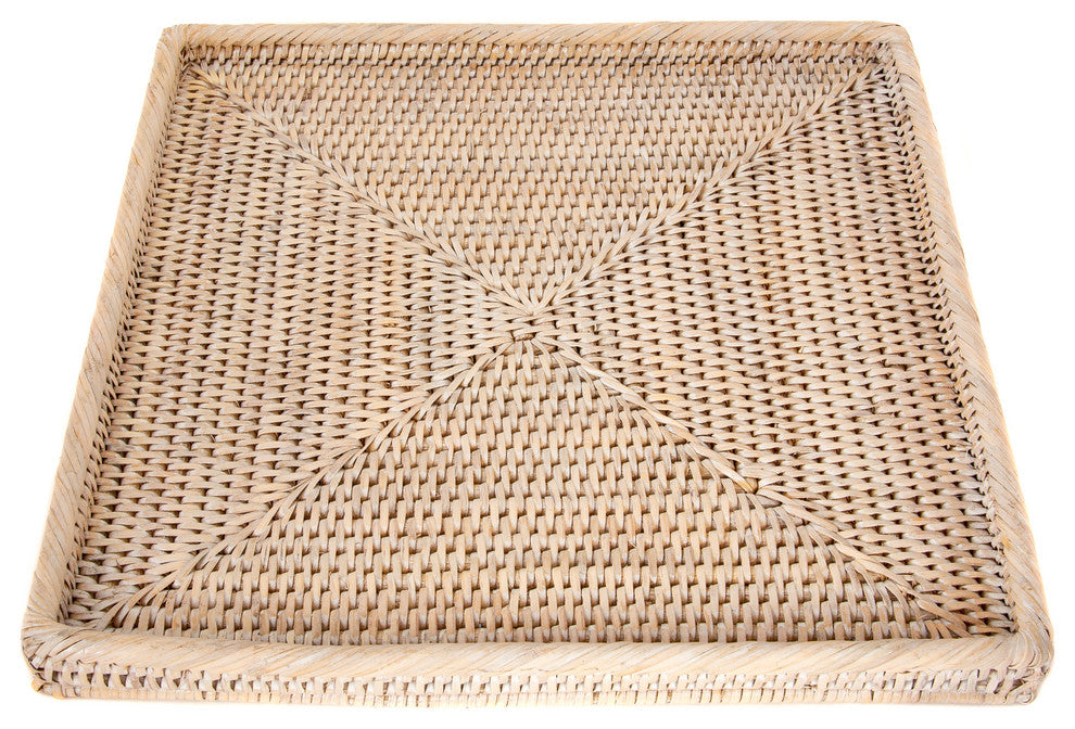 Artifacts Rattan Square Flat Tray, White Wash, 12"x12"x1"