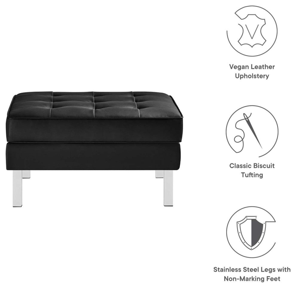 Modern Living Lounge Accent Chair Ottoman, Faux Vinyl Leather, Black Silver, Black