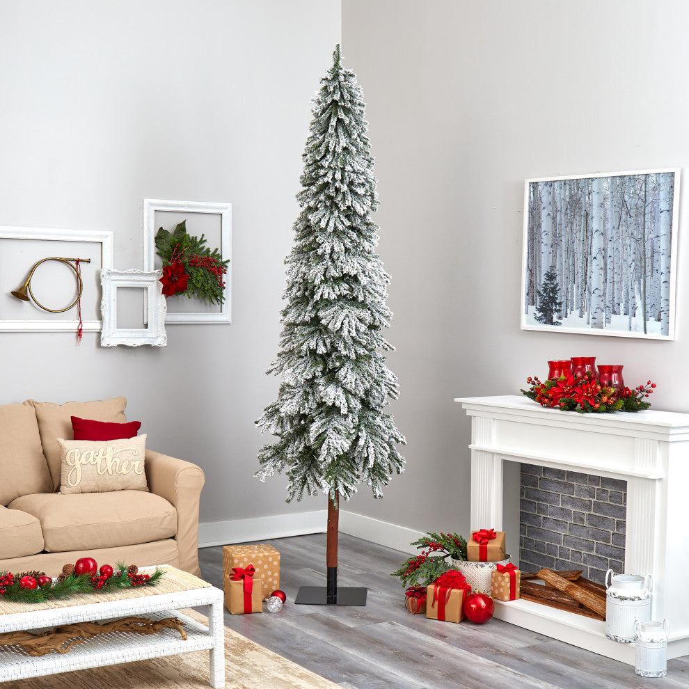 9' Flocked Grand Alpine Faux Xmas Tree W/Lights & Natural Trunk