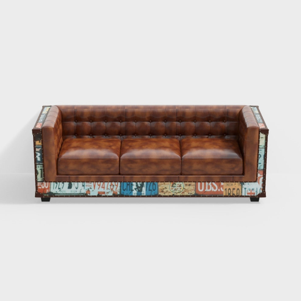 Vintage Industrial Loft 3-Seater Sofa Tufted Brown Faux Leather Upholstered Sofa