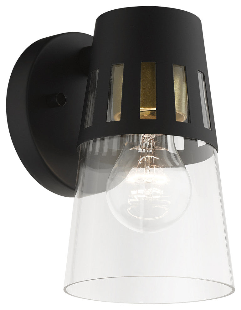 Covington 1-Light Black Outdoor Small Wall Lantern, Soft Gold Accents