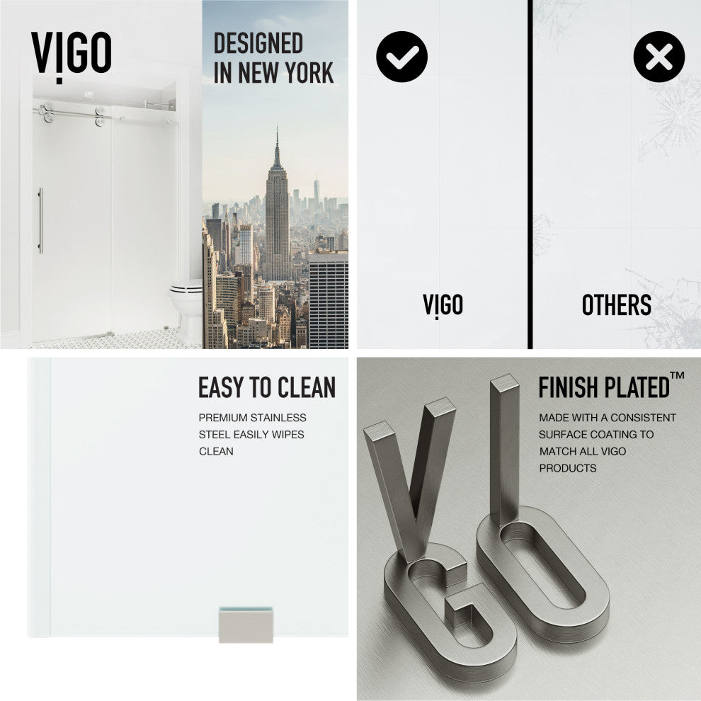 VIGO Elan 56" to 60" W x 74" H Frameless Sliding Shower Door, Stainless Steel, Left, Frosted Glass