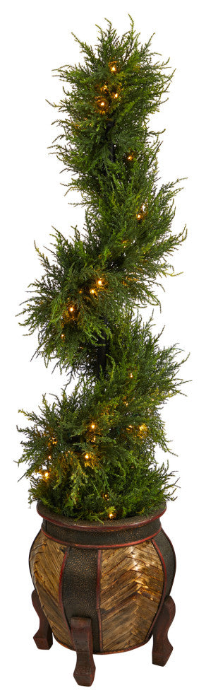 4.5' Spiral Cypress Faux Tree, Planter W/80 Clear LED Lights  Indoor/Outdoor