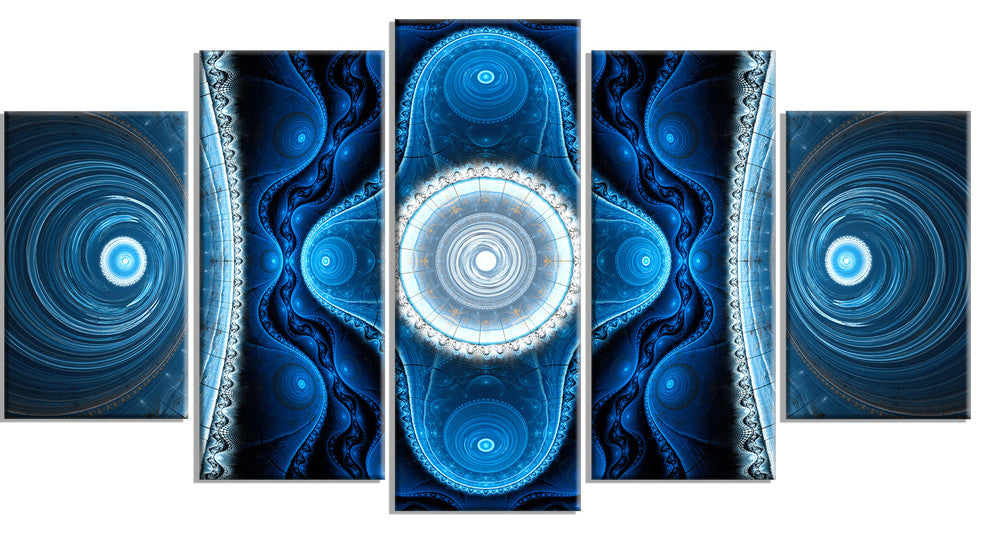 Cabalistic Blue Fractal Design, Contemporary Canvas Art Print, 60"x32", 5 Panels