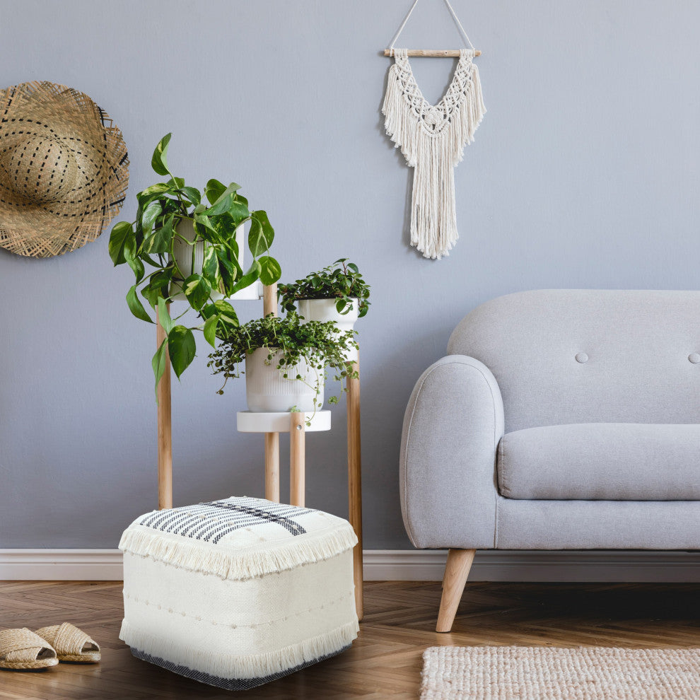 Black and Ivory Farmhouse Chic Shag Stripe Pouf Ottoman