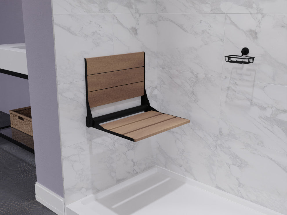 Saxon 17 in. Teak Wall Mounted Folding Shower Seat, Matte Black