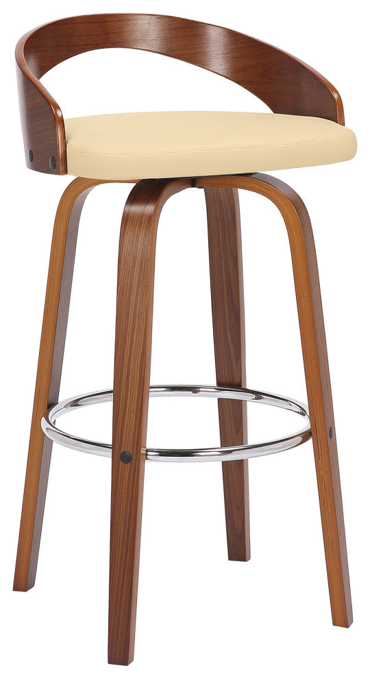 Sonia Swivel Faux Leather and Wood Stool, Cream/Walnut, Bar Height 30"