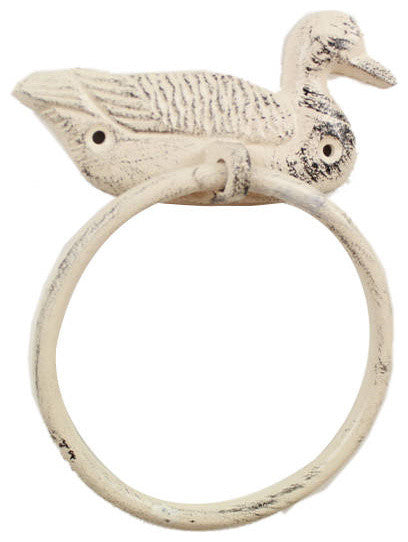 Whitewashed Cast Iron Mallard Duck Towel Holder 6.5"