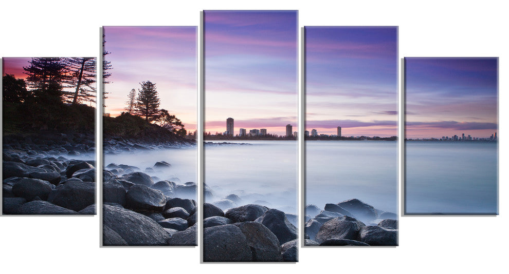"Rocky Burleigh Point in Blue" Seascape Art Canvas, 5 Panels, 60"x32"