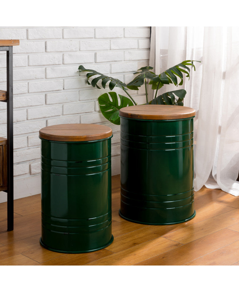 Farmhouse Metal With Solid Wood Seat Storage Stool, Set of 2, Hunter Green