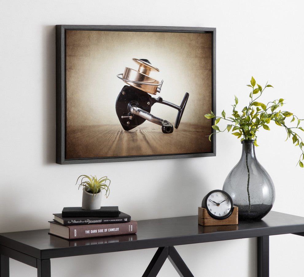 Sylvie Vintage FIshing Reel Framed Canvas by Shawn St. Peter<br>, Gray 18x24