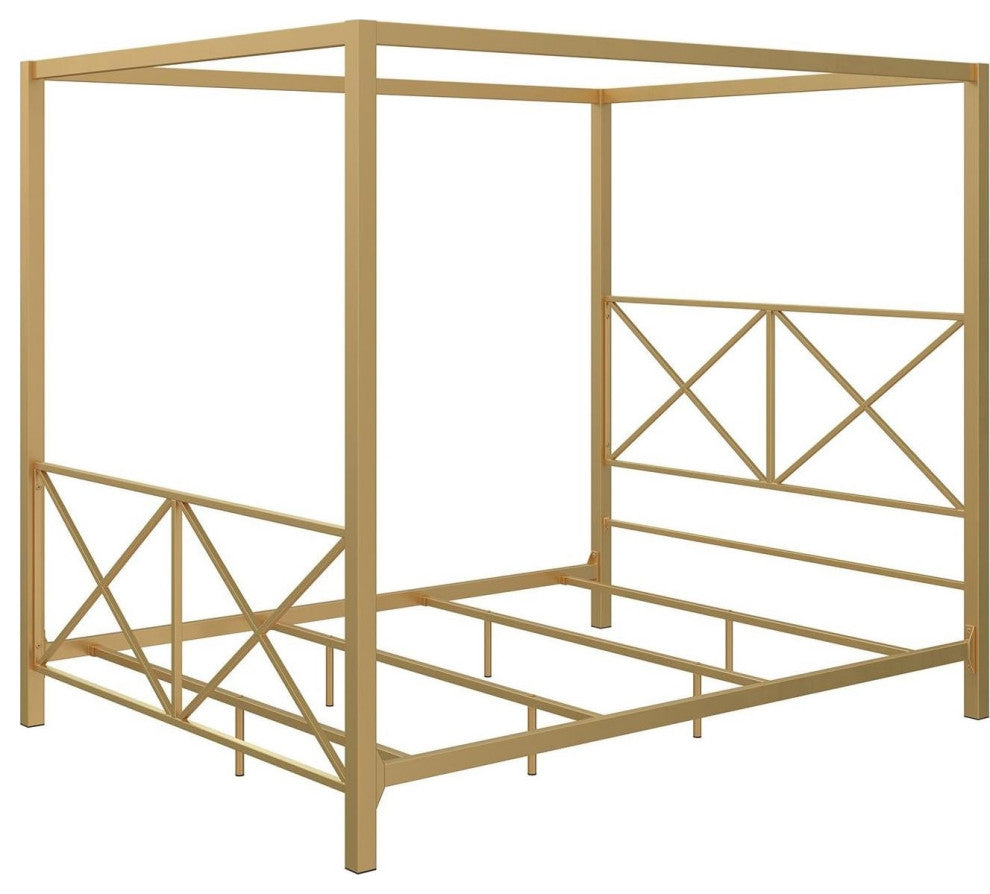 Elegant Full Canopy Bed with Metal Frame and Unique X-Detail Headboard, Gold